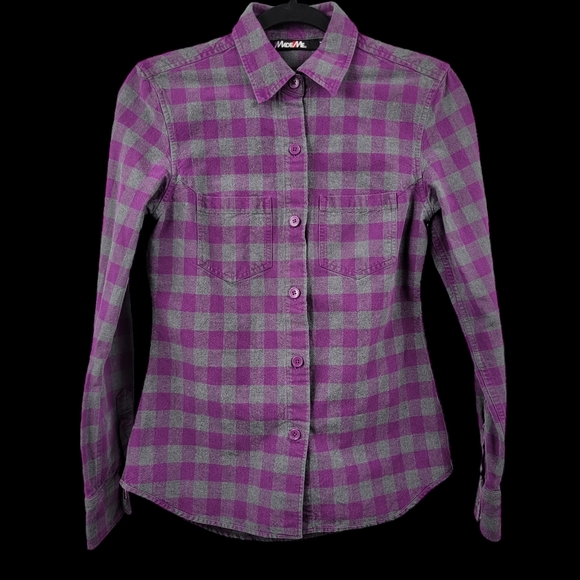 Retro Y2K MadeMe Buffalo Check Plaid Flannel Button Down Shirt Purple - Picture 4 of 14